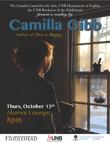 Poster about Camilla Gibb reading at UNB